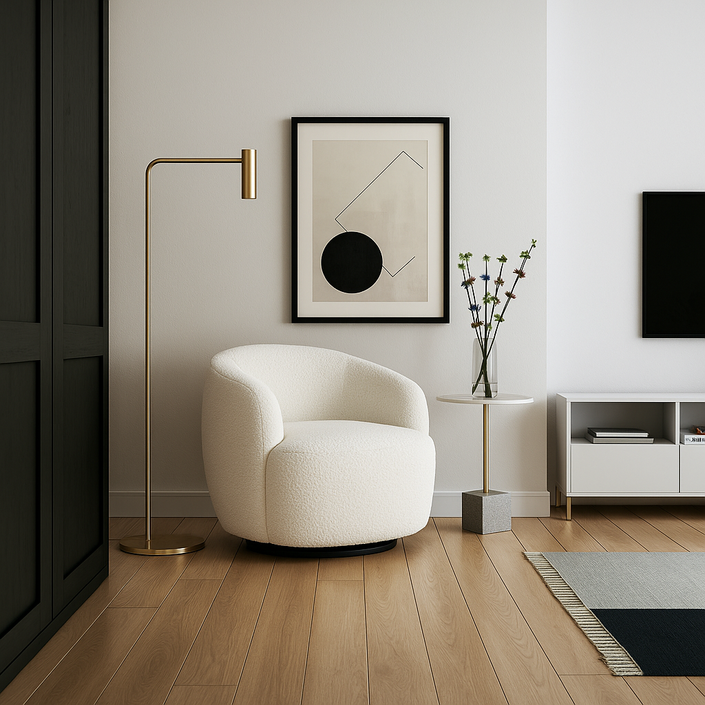 Simulation IA : fauteuil velours intégré dans salon moderne - decostudio